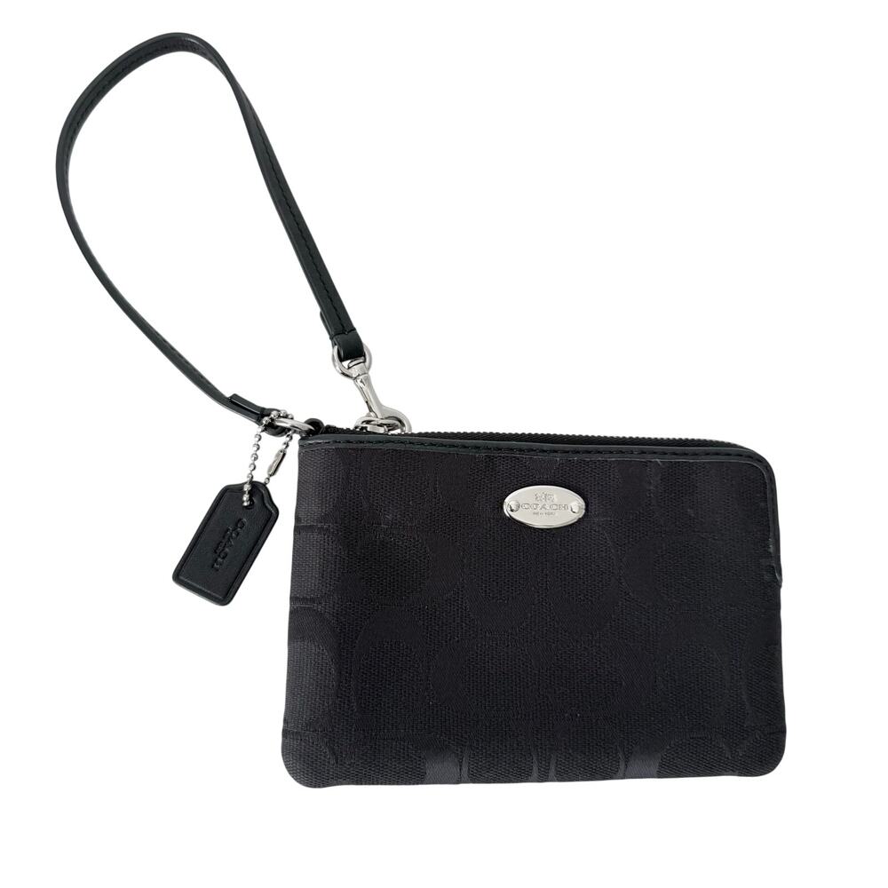 Coach Corner Zip Wristlet Signature Monogram Canvas w/ Leather Trim Black F64375